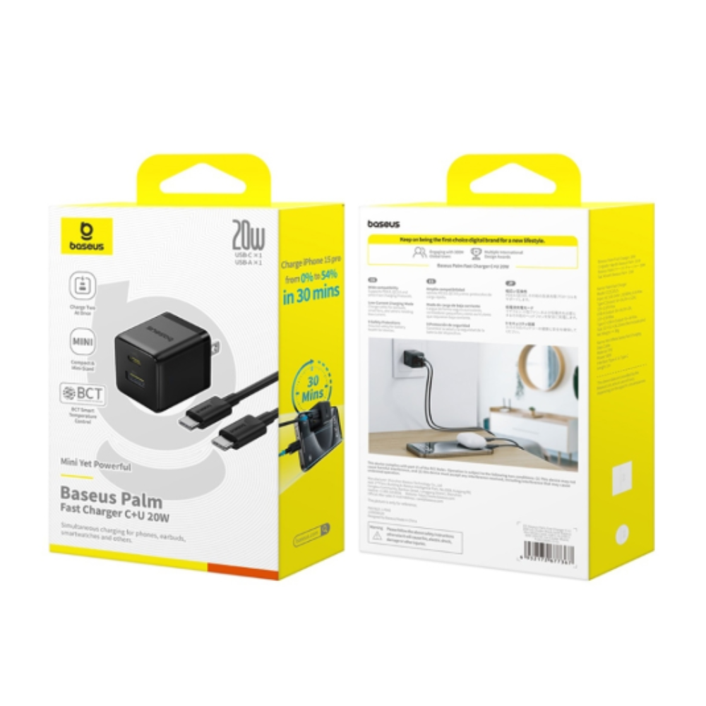 CARGADOR PALM C+U 20W US P10111609113-01 CON CABLE MINI WHITE USB-C A USB-C 60W 1MT NEGRO